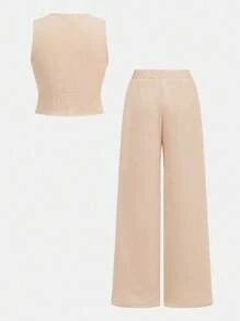 Firerie Kids Firerie Kids 2pcs Tween Girls Casual Blazer Vest And Wide Leg Pants Suit, Loose And Comfortable For Daily Commute