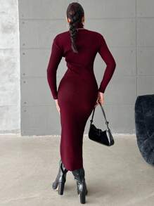 EURMUSE Women's Elegant Solid Color High Neck Bodycon Sweater Dress,Petite - Burgundy - View 2