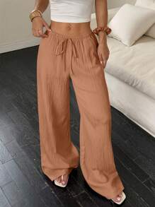 Flirla Women Solid Color Waist Tie Pocket Wide Leg Loose Casual Pants Fall Cloth For Women - Orange - View 6