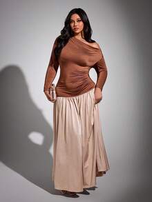 Viva Relle Elegant Shoulder-Cutout Patchwork Fitted Plus Size Dress - Apricot - View 1