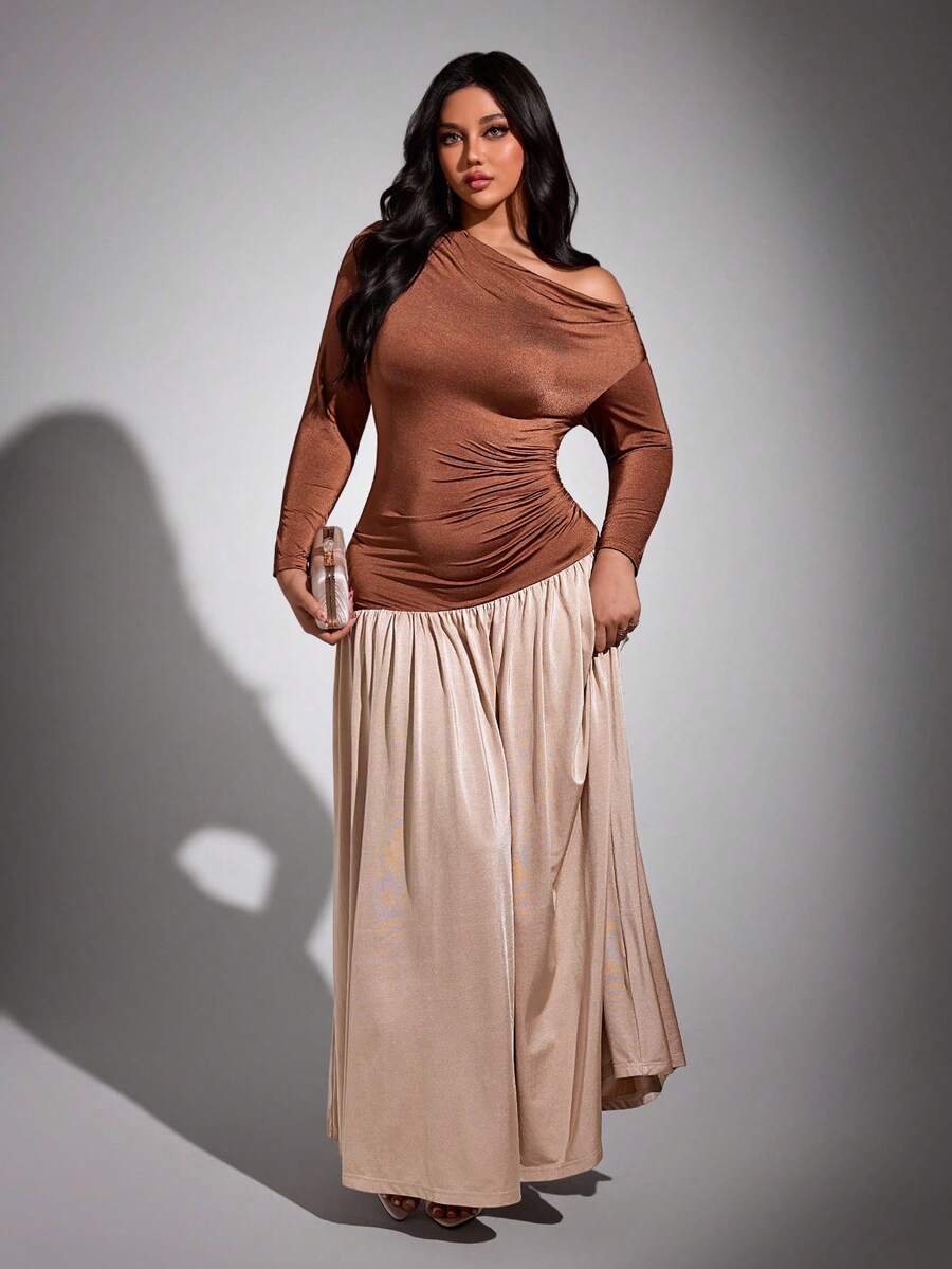 Viva Relle Elegant Shoulder-Cutout Patchwork Fitted Plus Size Dress - Apricot - View 1