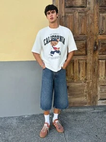 Manfinity Joysei Men White Knit Round Neck Short California Letter Graphic Sleeve T-Shirt, Boyfriend Gift, For Going Out