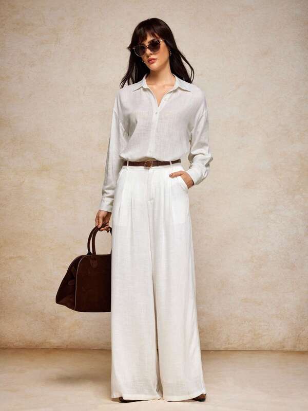 House of One Linen Blend Long Sleeve Loose Shirt Women Summer Casual Old Money Vacation White Shirt Summer Shirts Woman Fall Women Clothes Office Old Money Outfits For Women