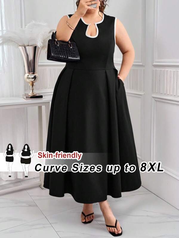 SHEIN CURVE+ Rochie de damă plus size, culoare solidă, cu decolteu în U și talie, linie A, rochie cu bordură contrastantă, rochie elegantă de damă, haine de birou/navetă pentru femei
