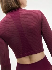 Gameset SHEIN Sport Women's Burgundy Seamless Long Sleeve Crop Top And Leggings Set,High-Waisted Workout Outfit For Fitness And Yoga - Red - View 6