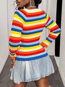 BamGleam Women V-Neck Long Sleeve Pullover Sweater, Colorful Ribbed Ribbed Slim Fit Slit Cuff Casual Knitted Top Fall Winter - Multicolor - View 3