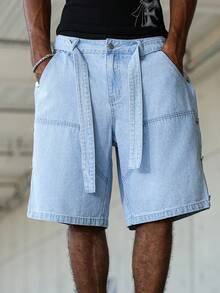 Manfinity EMRG 男士宽松腰街头风多扣蓝色拼布牛仔短裤男浅色水洗牛仔短裤宽松牛仔短裤男 - 淺色水洗藍 - 查看 4