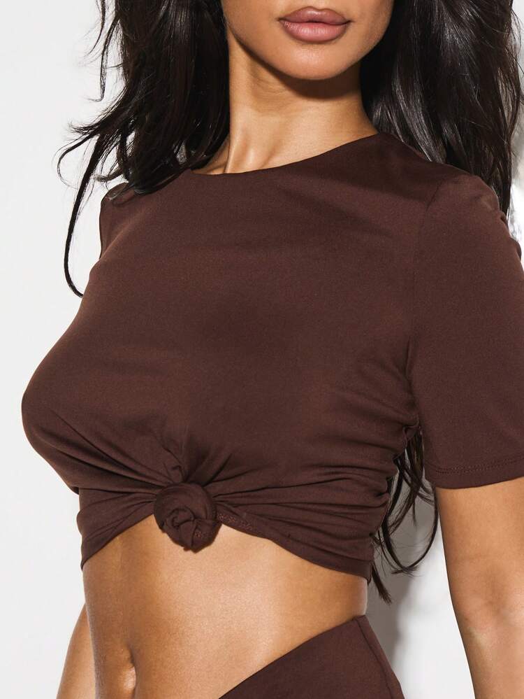 KIZN Short Sleeve Crop Top With Knot Detail