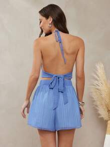 L'Amorae Women's Summer Sexy Solid Color Backless Halter Rompers - Blue - View 2