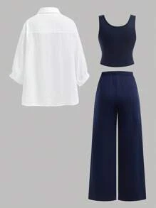 SHEIN Set de cămașă, maiou și pantaloni cu mânecă rulată, lejeră, simplă și confortabilă, pentru fete adolescente