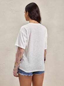 Wildy Fall For Women Women Oversized T-Shirt Floral Embroidered Top Embroidered Mesh Sleeves Long T Shirt For Women Women's Solid Color Round Neck Short Sleeve Casual Versatile T-Shirt, Summer All White All White Party Women Vacation Tops Long Sleeve Tops - White - View 2