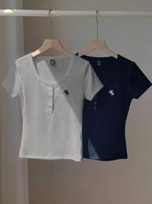 Comfortcana 2pcs Indigo Blue & Gray Solid Henley Collar Embroidered Slim Fit Short Sleeve T-Shirts Henley Tops Tops Sets - Multicolor - View 6