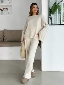 EURMUSE Women Sleeve Split Sweater And Pant Knit Set,Petite Co Ord,Co Ord,Petite,Winter Clothes - Beige - View 1