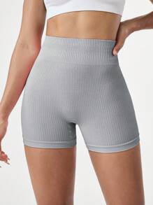 SHEIN Sports 女式高腰条纹休闲无缝运动短裤健身短裤 - 淺灰色 - 查看 2
