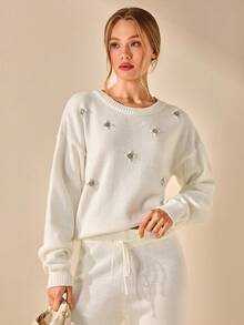 CLARA VERO Women Solid Color Rhinestone Detailed Round Neck Drop Shoulder Pullover & Mermaid Sweater Skirt Set,Winter Clothes - Cream - View 1