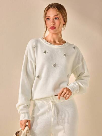 CLARA VERO Women Solid Color Rhinestone Detailed Round Neck Drop Shoulder Pullover & Mermaid Sweater Skirt Set,Winter Clothes