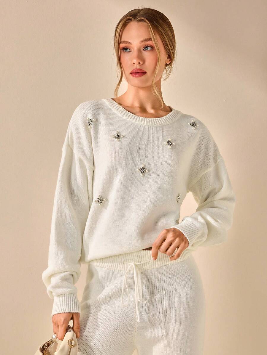 CLARA VERO Women Solid Color Rhinestone Detailed Round Neck Drop Shoulder Pullover & Mermaid Sweater Skirt Set,Winter Clothes - Cream - View 1