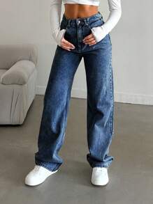 EURMUSE Casual Washed Straight Leg High Waist Jeans - Medium Wash - View 5