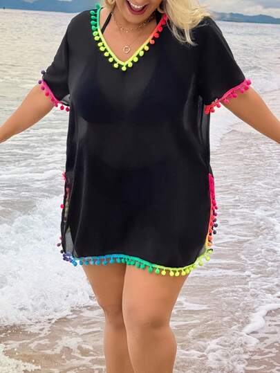 Swim Lushoire Plus Size Women's V-Neck Ombre Color Pompom Trim Slit Hem Coverup Dress, Summer Beach Resort