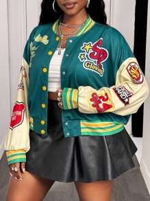 Slaydiva Spring & Autumn 2025 New Street Casual & Daily Casual & College Style Green & Beige Contrast Color Loose 24 Number & Slogan Print Long Sleeve Front Open Women Plus Size Short Jacket Winter Fall