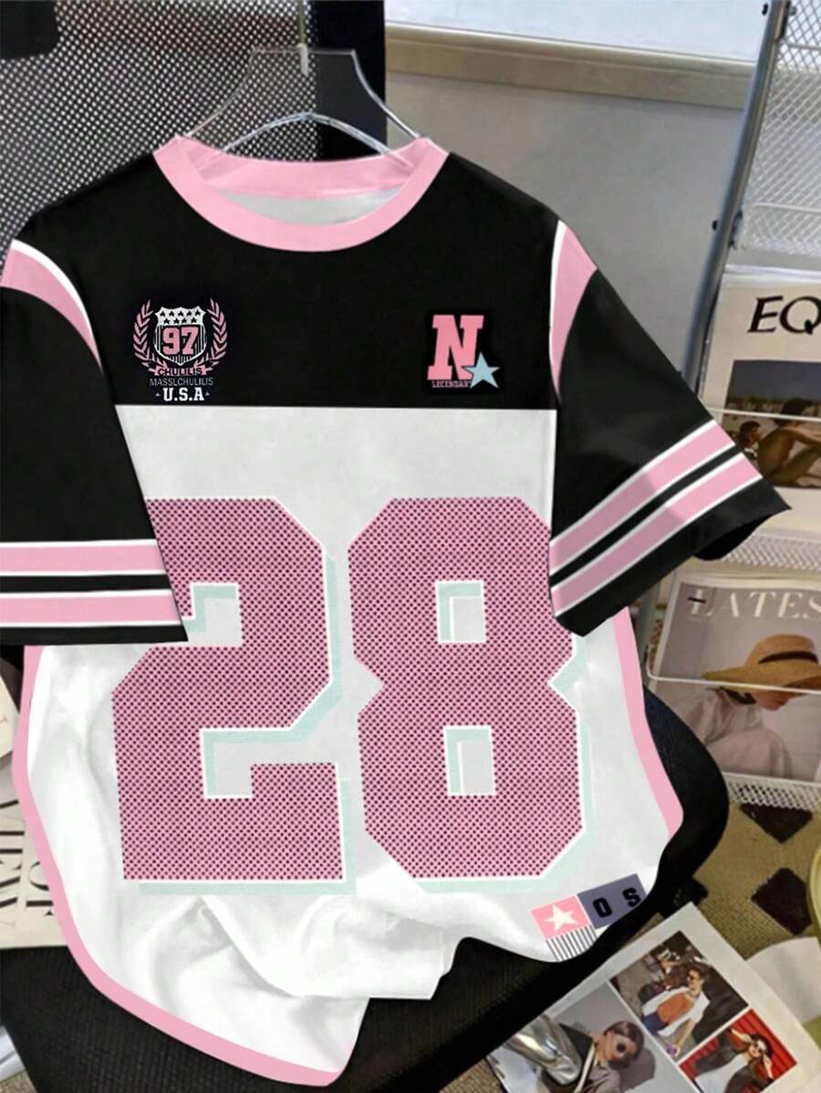 Tween 女童运动休闲时尚 28 号拼色条纹印花短袖 T 恤，粉色/黑色/白色，夏季 - 彩色 - 查看 1