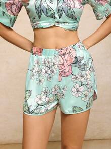 JIAN LASALA Women's Floral Satin Pajama Short Sleepwear With Short Sleeve Top And Mini Shorts Pjs Sleepwear For Women Pj For Women Short Sleeve Floral Pajama Set Women Summer Pajama Set Summer Pj Floral Pj