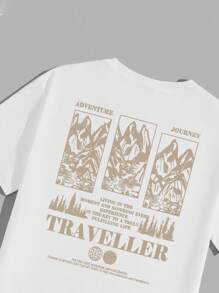 Manfinity Joysei Men's Summer Mountain Slogan Printed Round Neck Short Sleeve Casual T-Shirt And Drawstring Waist Shorts Set, Cozy Outfits