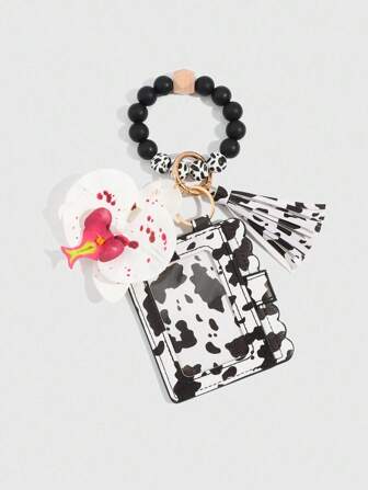 Kawaii 1 Stück modisches Leopardenmuster Perlenarmband, Gummi-Kartenetui mit Schmetterling- und Blumenverzierung, Organisator für Studentenausweise und kleine Karten