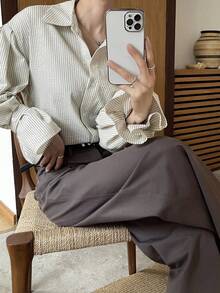 DAZY 女式条纹长袖单排扣休闲宽松通勤衬衫秋季 - 米色 - 查看 8