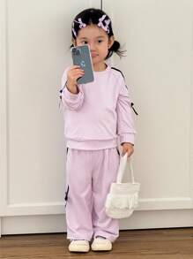 SHEIN Baby Girls Cute Lavender Autumn Family Matching Set,Fashion Purple Sweatshirt Top With Black Bow Decor & Casual Pants,Sweet Simple Sporty Clothes - Purple - View 1