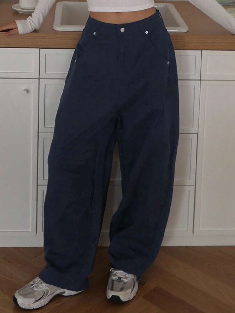 Women's Low-Waist Pocketed Wide Leg Casual Loose Fit Pants