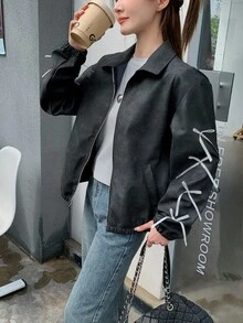 SHEIN 青少年女孩外套夹克秋冬/黑色/口袋/蝴蝶结/开襟夹克/运动夹克/街头/时尚/棒球夹克/ - 黑色 - 查看 3