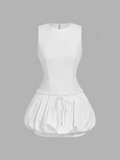 SHEIN MOD Women Crew Neck Sleeveless Bubble Hem White Mini Dress