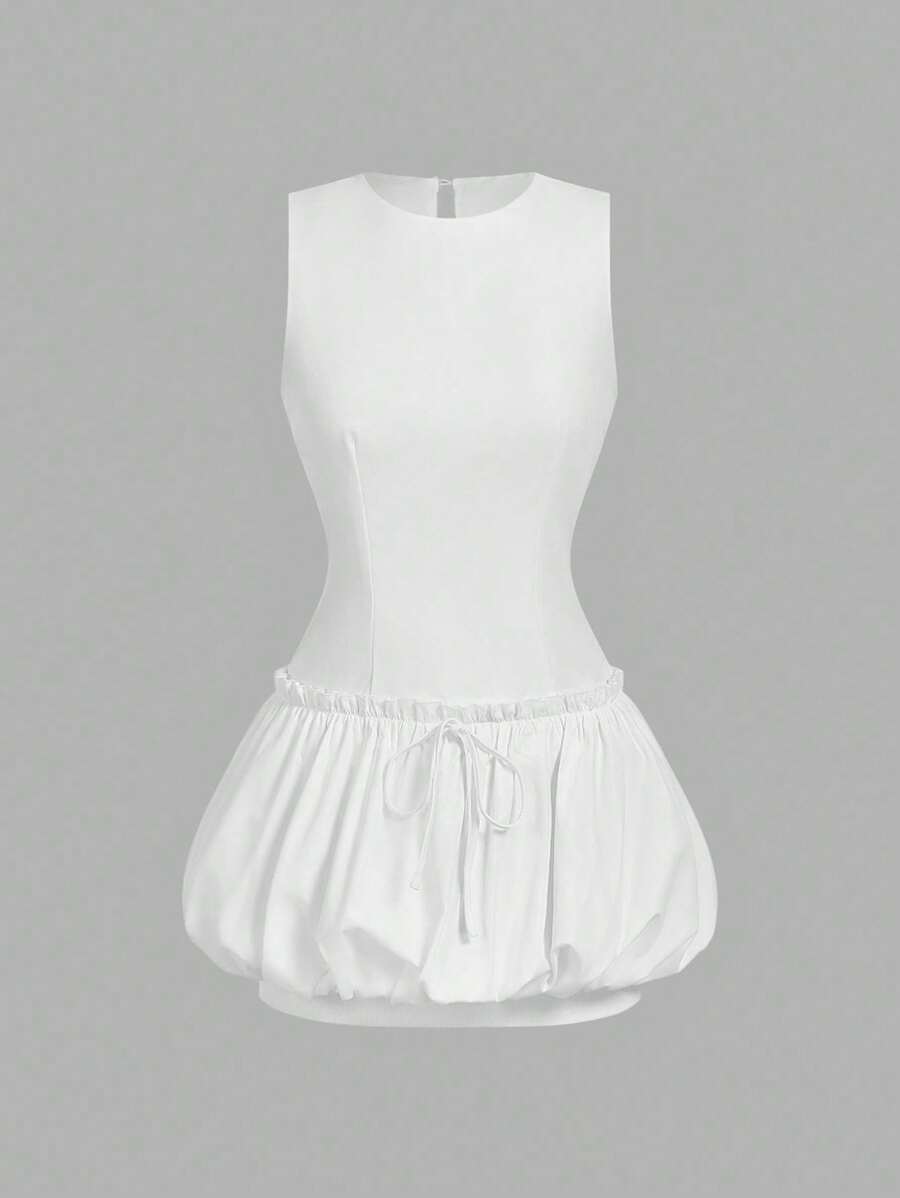 SHEIN MOD Women Crew Neck Sleeveless Bubble Hem White Mini Dress - White - View 1