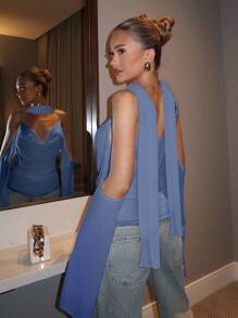 Glamine Áo hai dây voan trơn màu thanh lịch 2025 không tay cho nữ mùa thu trở lại trường - Màu xanh nhạt - Xem 5