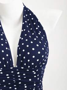 Elamini 黑白波尔卡圆点深 V 领露背紧身迷你连衣裙，荷叶边下摆，波西米亚度假风优雅浪漫性感休闲日常百搭夏装 - 藏蓝色 - 查看 5