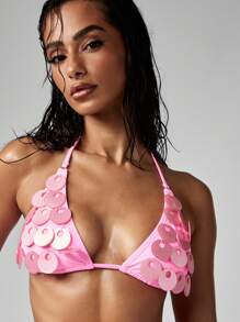 MISSGUIDED Bộ đồ bơi bikini cổ yếm mùa hè đi biển buộc dây bên hông kiểu Brazil có thiết kế đĩa trang trí lấy cảm hứng từ phong cách cổ điển cho tiệc hồ bơi nghỉ dưỡng - Màu Hồng Tươi - Xem 4