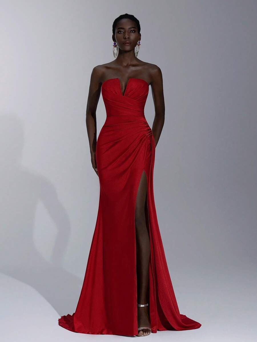 Elitara Women's Elegant Red Shiny V-Neck Gown,Luxurious Elastic Knit Bra Cup Boned Pleating High Slit Fish Tail Dress For Formal Events,Weddings & Galas
