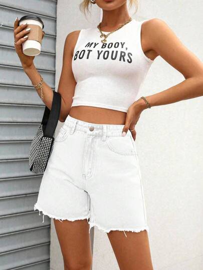 EMERY ROSE Women's Casual Loose Raw Edge Solid Color Denim Shorts, Summer