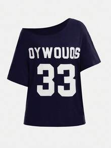 SHEIN Teen Girl Is Casual Letter Print Asymmetric Neck Loose Short Sleeve T-Shirt, Summer - Navy Blue - View 6