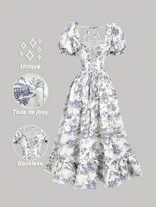 SHEIN MOD 蓝白花卉泡泡袖系腰开衩下摆中长连衣裙、度假、派对、茶会礼服、复古连衣裙、茶会礼服、外出礼服、女士舞会礼服、褶饰连衣裙 - 藍白色 - 查看 1