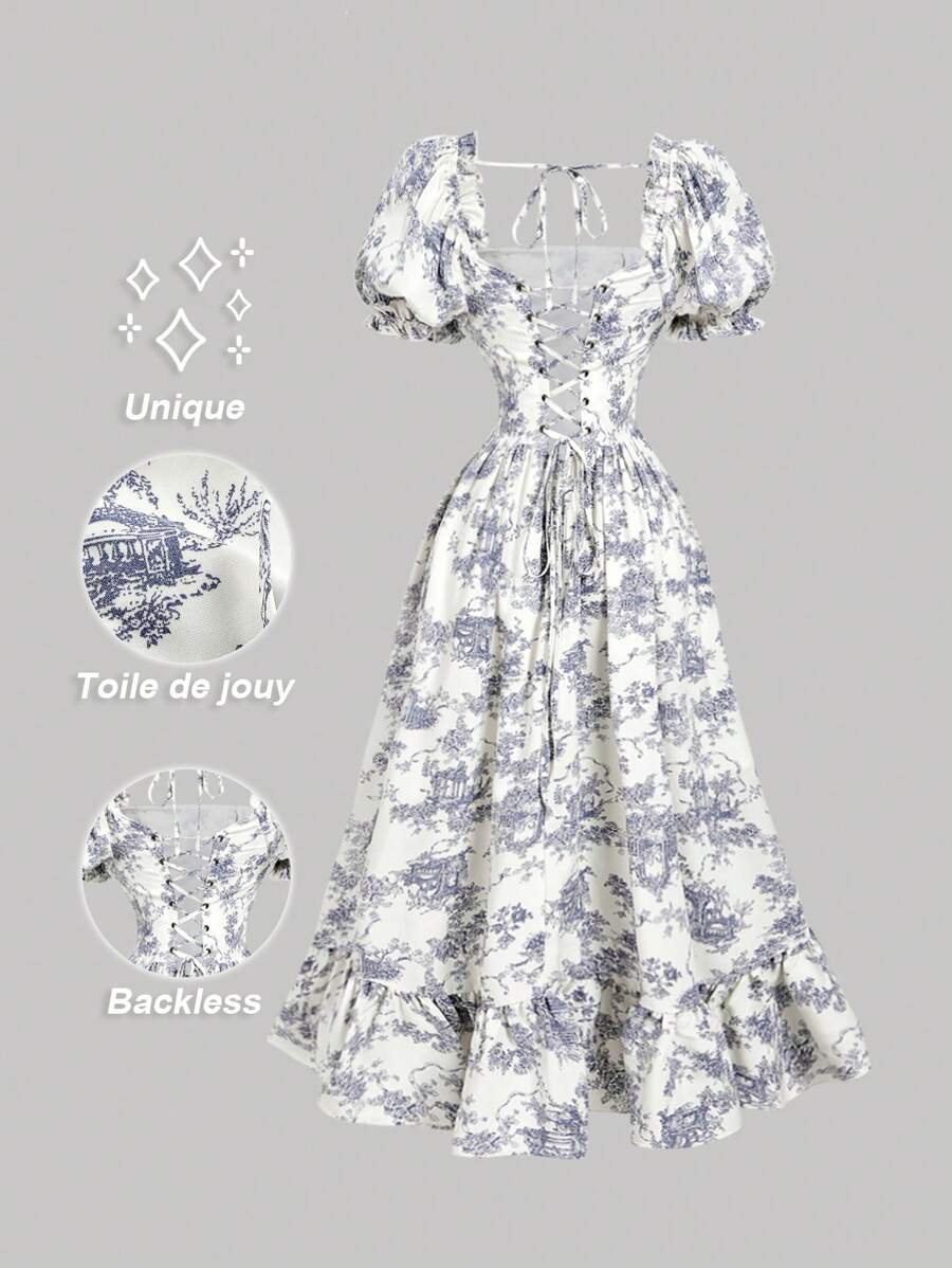 SHEIN MOD 蓝白花卉泡泡袖系腰开衩下摆中长连衣裙、度假、派对、茶会礼服、复古连衣裙、茶会礼服、外出礼服、女士舞会礼服、褶饰连衣裙 - 藍白色 - 查看 1