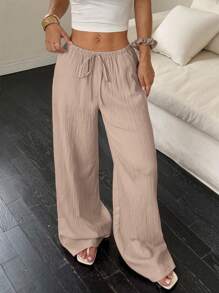 Flirla 女士纯色腰带口袋阔腿宽松休闲裤 - 米色 - 查看 4
