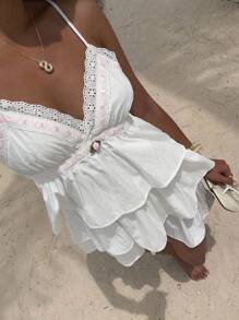 SHEIN PETITE 女士夏季休闲多层荷叶边下摆拼布花卉装饰吊带迷你连衣裙 - 白色 - 查看 5