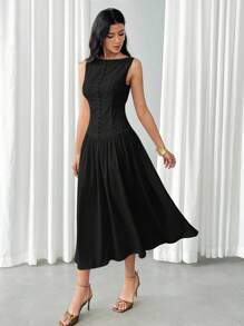 Modelyn 女士纯色优雅中长无袖连衣裙，夏季 - 黑色 - 查看 5