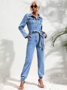 SHEIN Frenchy Flap Pocket Belted Denim Jumpsuit Winter Casual