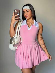 SHEIN Sports 大码女式拼色领口无袖褶皱运动连衣裙