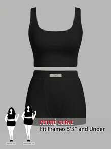 SHEIN PETITE CURVE Plus Size Casual Basic Two-Piece Set For Women,Ribbed Tank Top And Tight-Fitting Shorts For Home And Daily Wear - Black - View 1