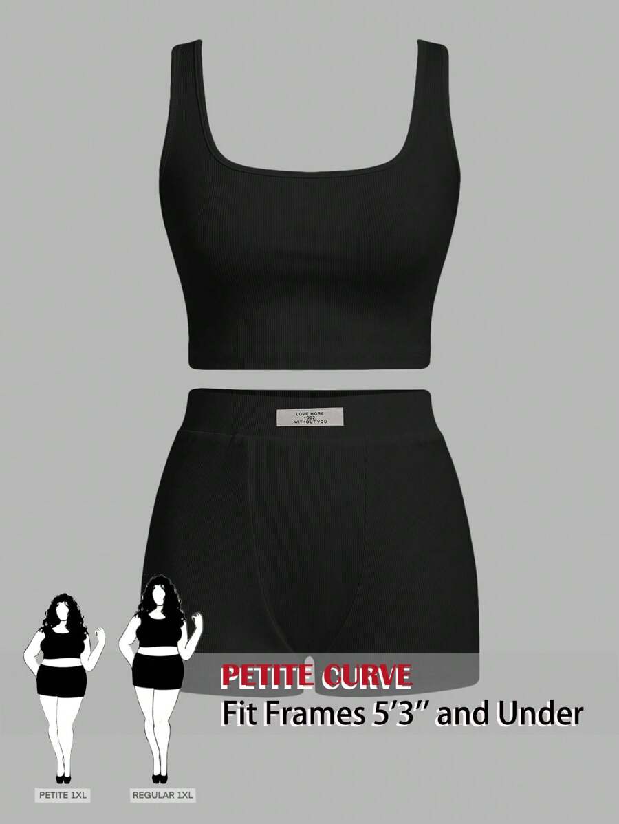 SHEIN PETITE CURVE Plus Size Casual Basic Two-Piece Set For Women,Ribbed Tank Top And Tight-Fitting Shorts For Home And Daily Wear - Black - View 1