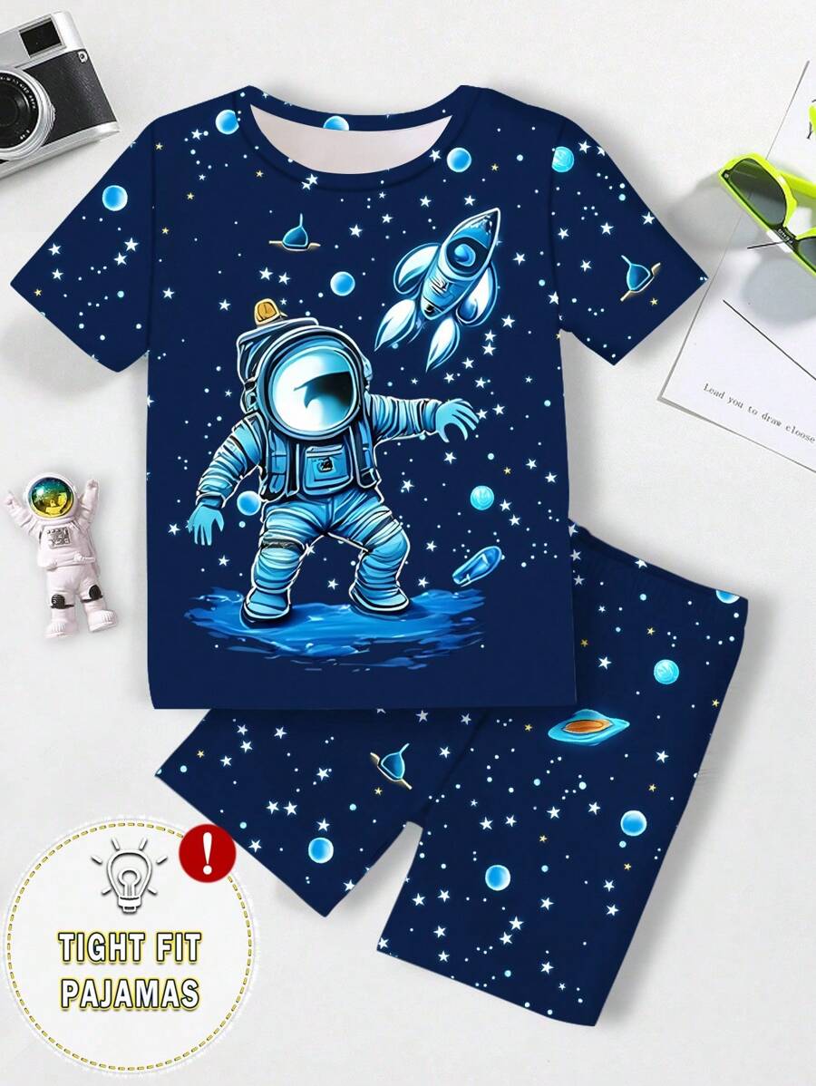 2 件套男童睡衣套装，UV 发光宇航员印花针织弹力圆领上衣和星星印花裤子，带紫外线的家居服（婴儿节日夜光礼物），贴身合身睡衣，幼儿宇航员睡衣，返校时尚 - 寶藍色 - 查看 1